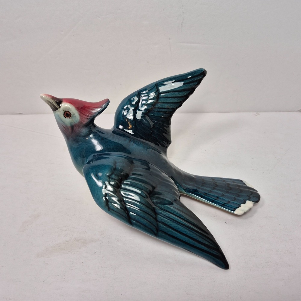Vintage Ceramic 3D Flying Bird Wall Plaque Blue Body Red Crest Jay Woodpecker